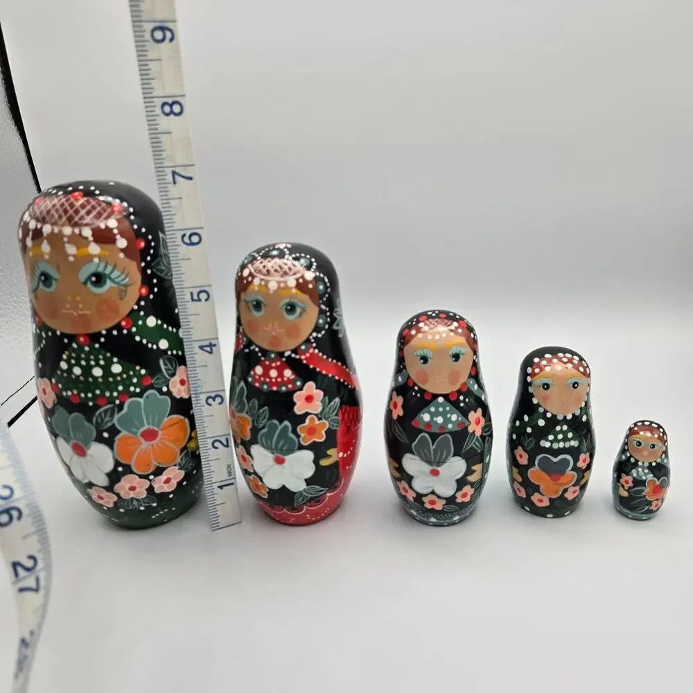 Vintage 5 Piece Russian Nesting Stacking Dolls Painted Floral Handmade